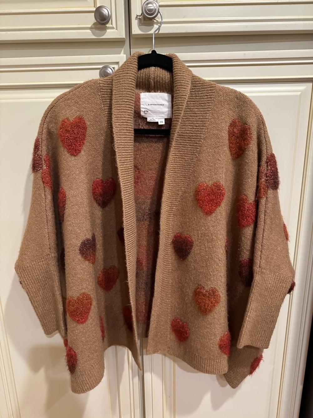 Anthropologie Brown Open-Front Cardigan with Red Heart Motifs